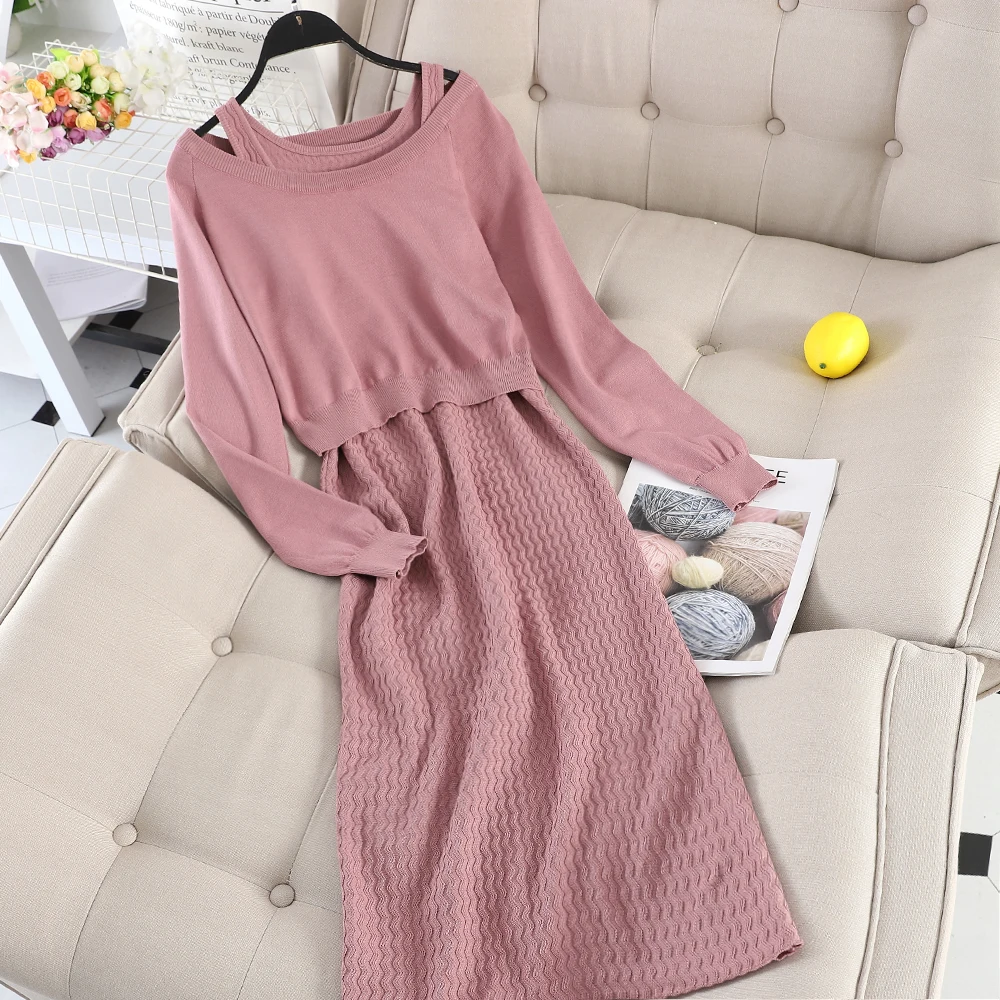 SINGRAIN осенний женский свитер + платья на завязках теплые длинные вязаные свитера