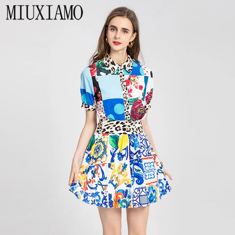 MIUXIAMO 2021 New Summer Fashion Sets Turn-Down Collar Patchwork Leopard Shirt + Print Slim Skirt Two-Piece Elegant