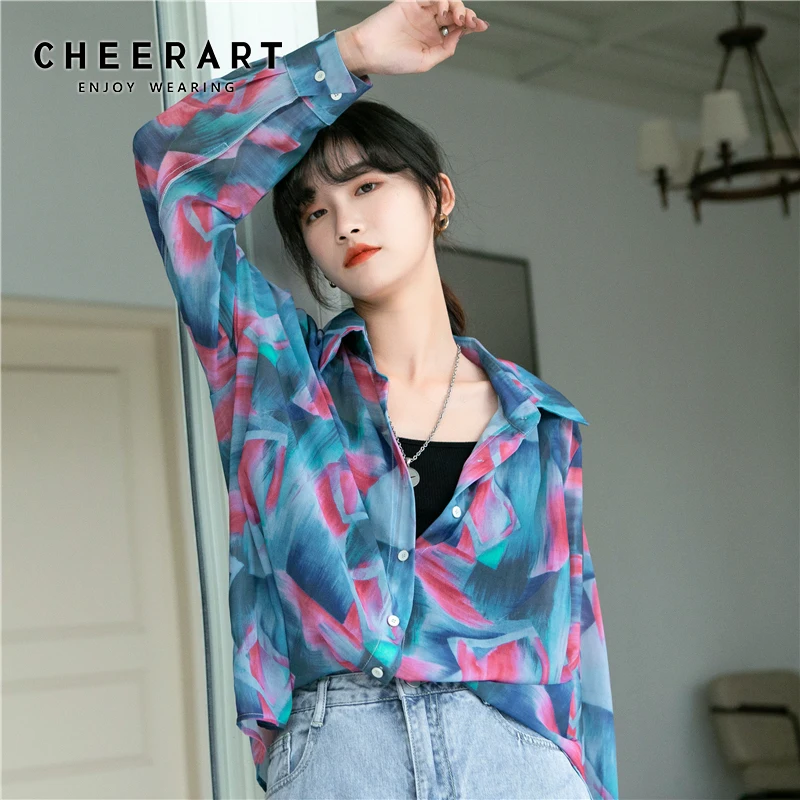 Женская блузка с длинным рукавом CHEERART розовая и синяя Корейская рубашка на