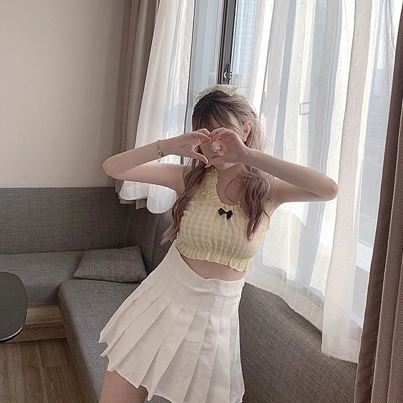 

2021 Summer Yellow Plaid Strapless Halter Top Sweet And Cute Short Dollskill Sexy Virtual Party Crop Tops