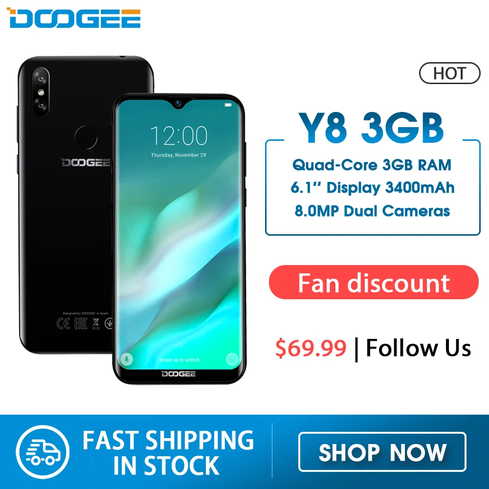 Смартфон DOOGEE Y8 Android 9 0 FDD LTE 6 1 дюйма 19:9 LTPS экран MTK6739 3 Гб RAM 16 ГБ ROM 3400 мАч две sim карты