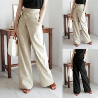 women elegant solid pants celmia 2021 fashion high waist bandage asymmetric loose wide leg trousers vintage linen pantalon 7