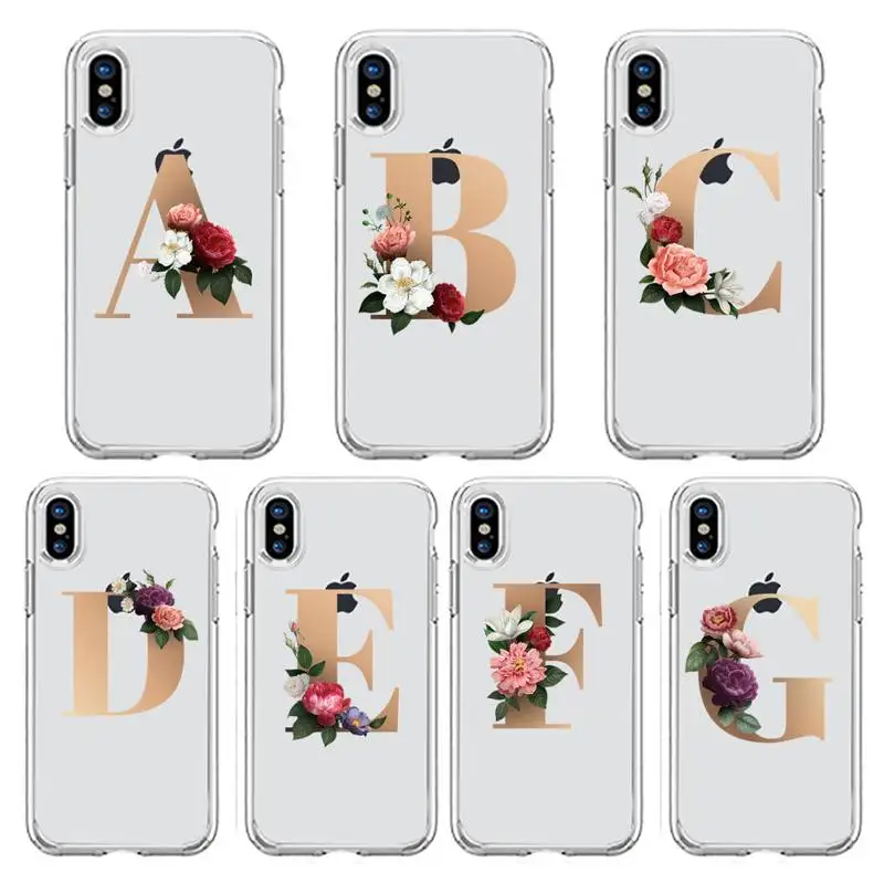 

English alphabet flowers Phone Case Transparent soft For iphone 12 11 13 7 8 6 s plus x xs xr pro max mini