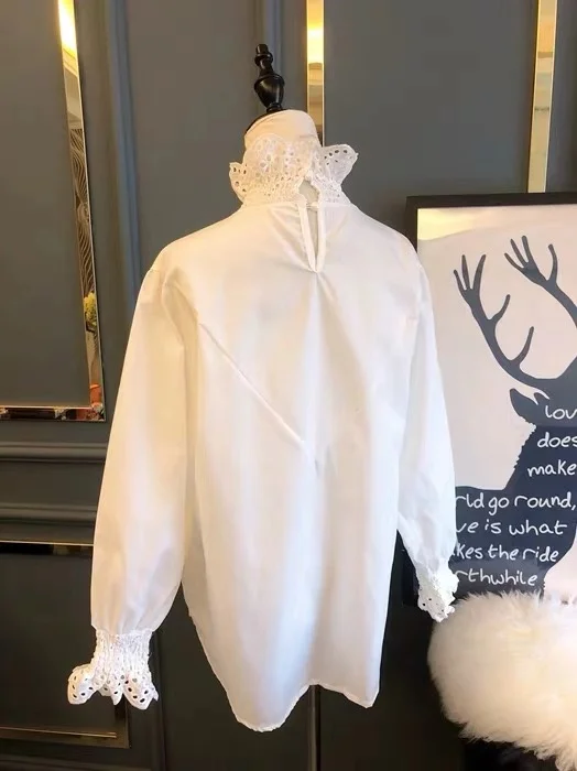 Женская блузка с рукавом фонариком тонкая Свободная кружевной строчкой