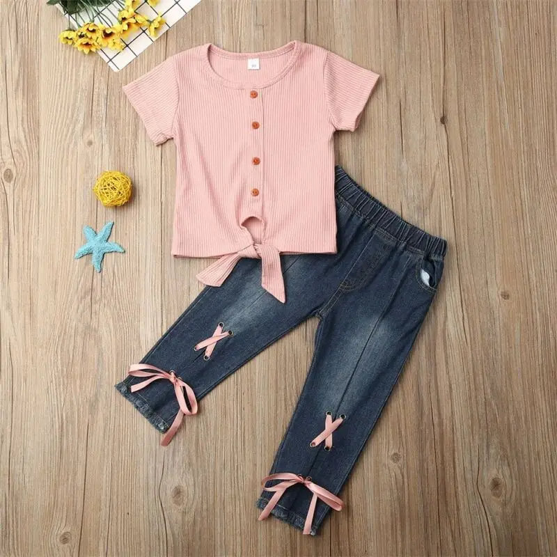 Модные комплекты одежды Emmababy для маленьких девочек 2 шт. рубашка топ джинсовые