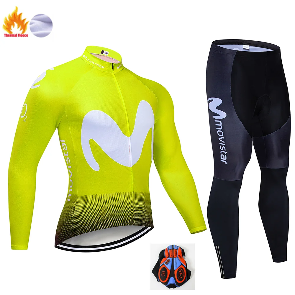Winter suit Зимняя Теплая Флисовая мужская майка Movistar с длинным рукавом для езды на велосипеде, велосипедная 9D Подушка, штаны, комплекты одежды для езды на велосипеде - Цвет: Winter suit