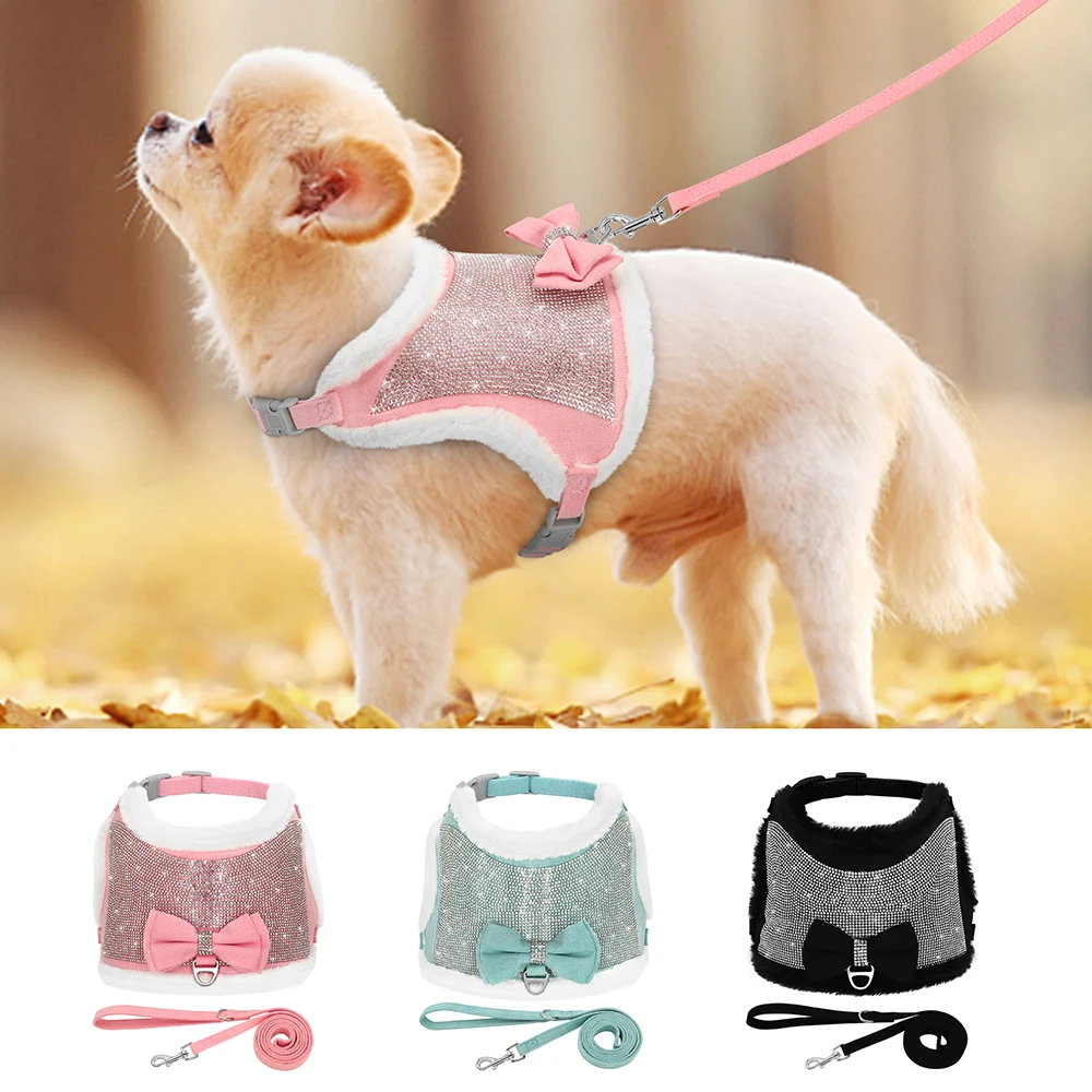 

Cute Bowtie Dog Harness and Leash Set Bling Rhinestone Puppy Cat Vest Harness Warm Fur Padded Vests With Pet Walking Leash Rope