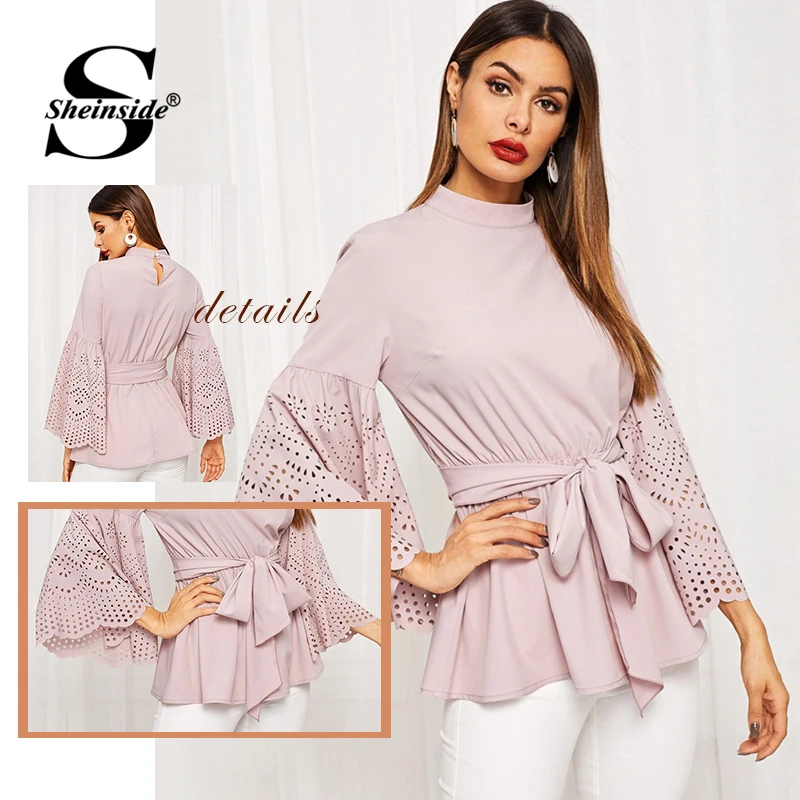 Sheinside розовый элегантный воротник-стойка блузка женская осень выдолбленный рукав-Волан блузки дамы с плотным поясом Топ