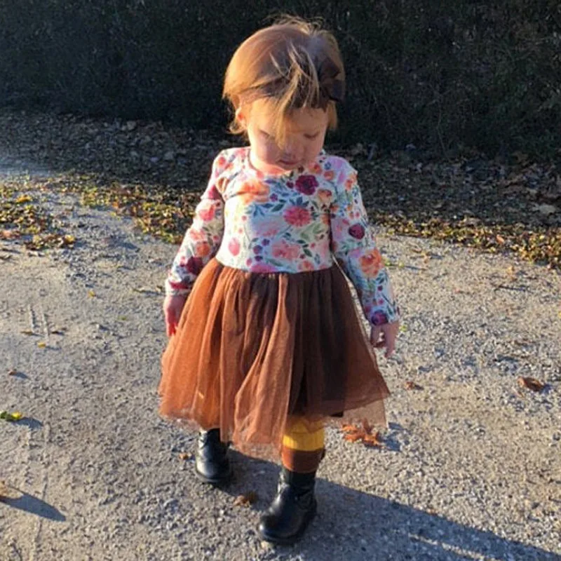 Pudcoco Autumn Toddler Baby Girls Kid Long Sleeve Christmas Floral Print Short Dress Tulle Skirt Dresses Outfit | Детская одежда и