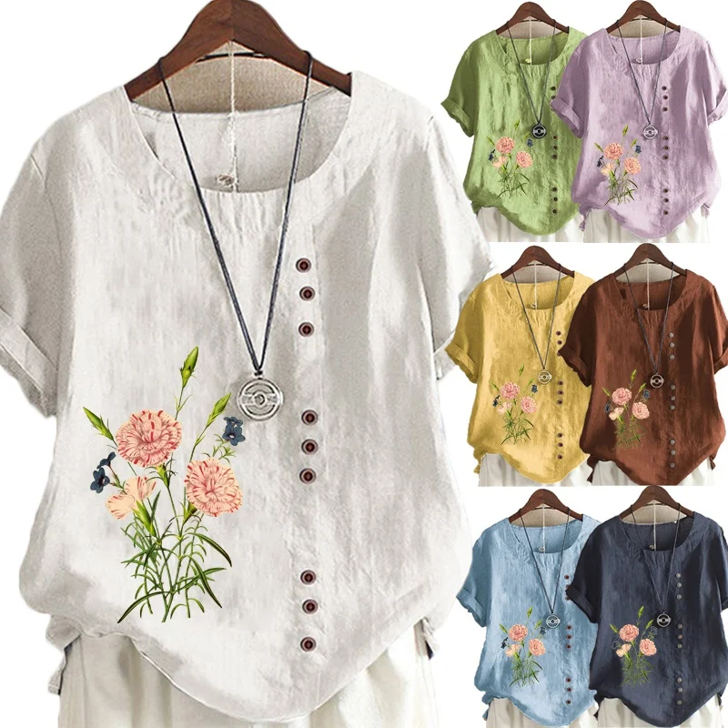 

Summer New Style Ladies Casual Printing Loose T-shirt Retro Round Neck Cotton and Linen Plus Size Short-sleeved Shirt