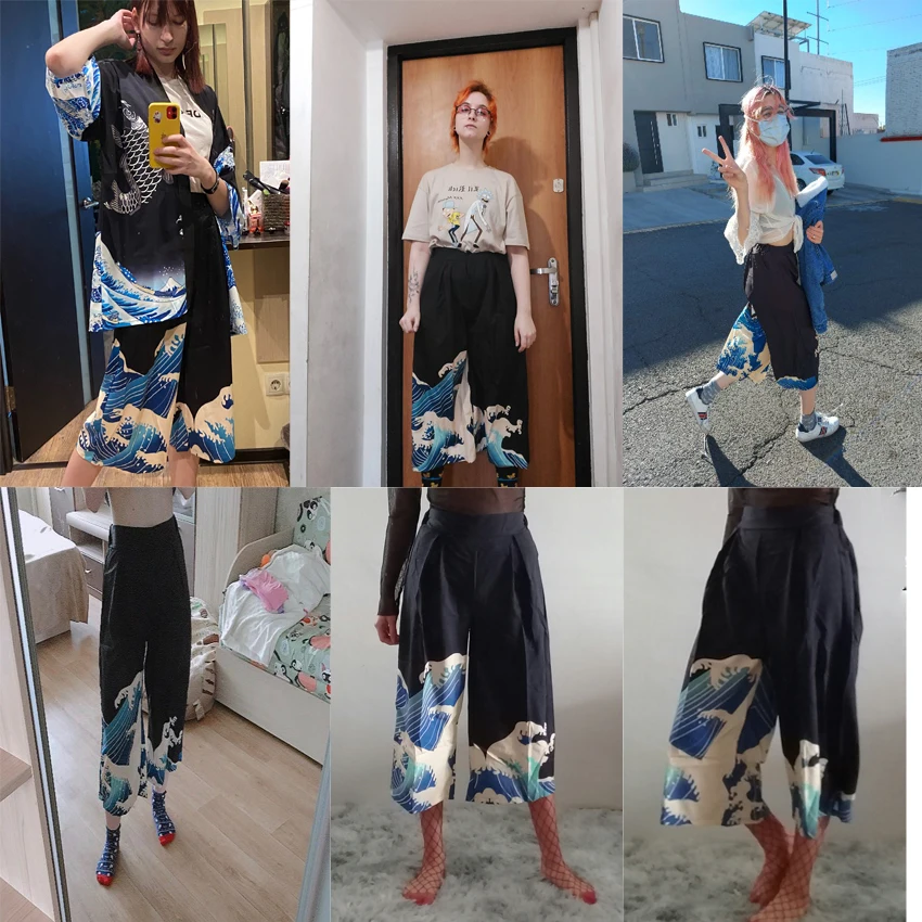 

Fashion 2021 Women Harajuku Loose Pants Hand Printed Holiday Casual Japanese Korean Ukiyo High Waist Wide Trousers Streetwear