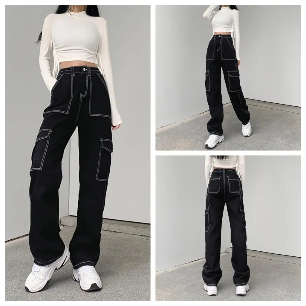 Nice Pop Women Straight Wide Leg Jeans, Trendy Stitching High Waist Relaxed Fit Denim Pants With Pockets Joker