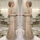 Платье для матери невесты цвета шампанского, с V-образным вырезом и длинным рукавом, в пол, кружевные вечерние платья с аппликацией и блестками для свадебной вечеринки, 2021