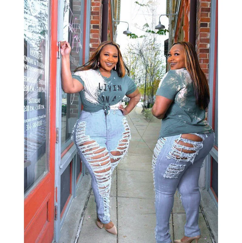 slim oversized women's personalized perforated stretch denim Leggings