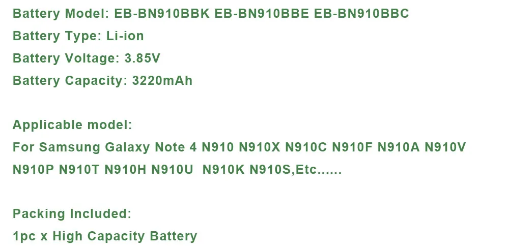 EB-BN910BBK Батарея для samsung Galaxy Note 4 note4 N910 N910X N910C N910F N910A N910V N910P N910T N910H N910U K S EB-BN910BBE