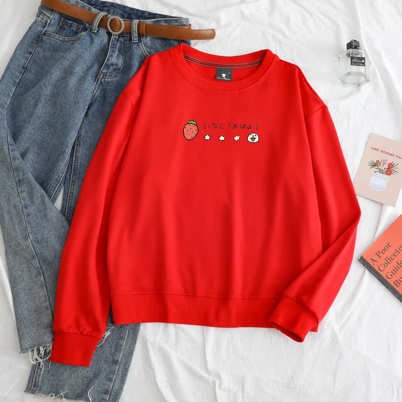 

Новинка, зимние толстовки для женщин, Модный повседневный свитшот, парный Свободный пуловер в стиле Харадзюку с принтом клубники, Милая жен...