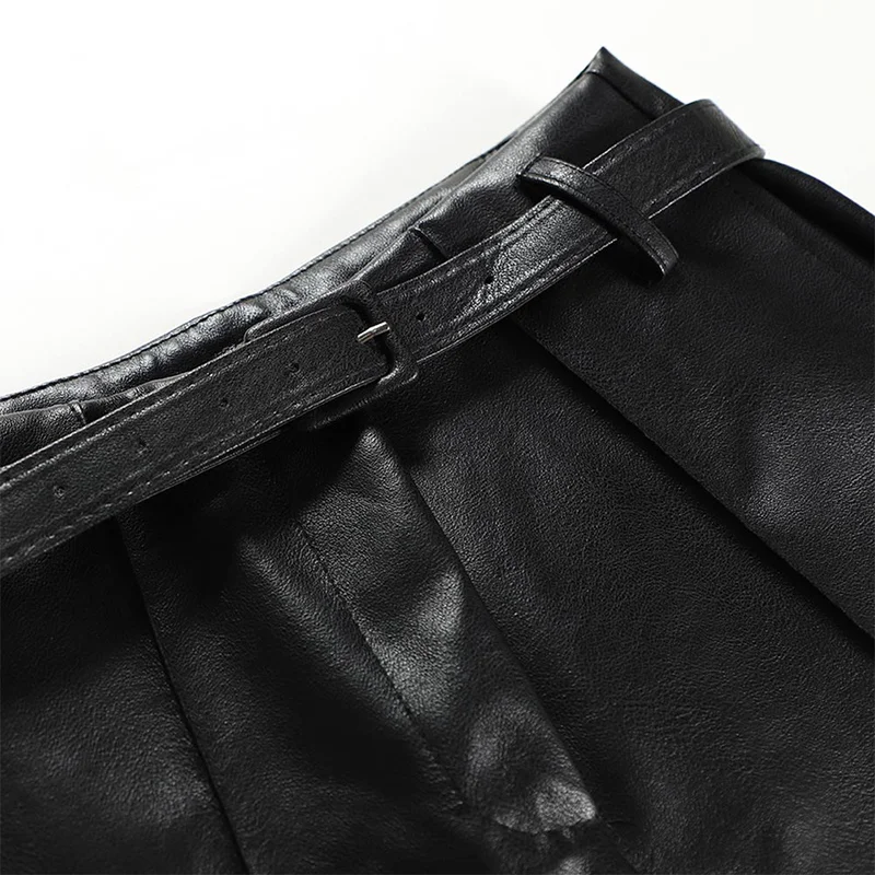 Autumn Faux PU Leather Pants Women With Belt High Waisted Wide Leg Anke-length Women's Trousers Winter NEW Fashion Clothes
