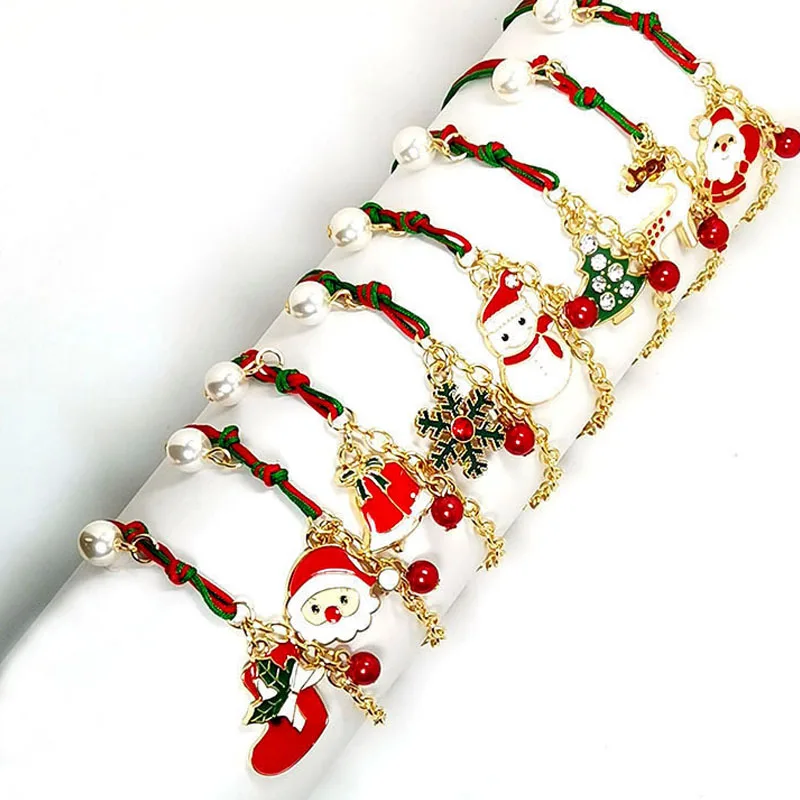 

Christmas Theme Braided Rope Bracelet Santa Claus Elk Xmas Tree Alloy Pendant Bracelet Women Kid Gifts Party Jewelry Gifts