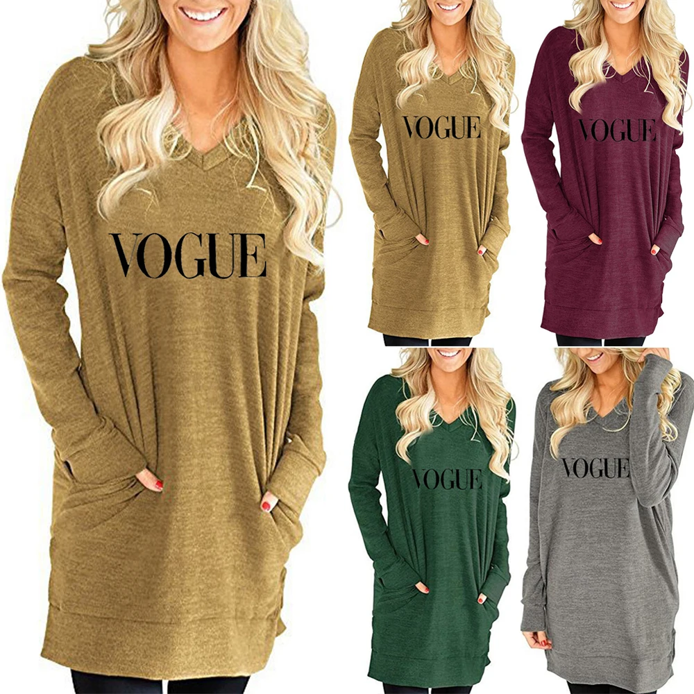 

T-shirt Women Plus Size V-neck Printed Loose Long Sleeve Shirt Casual Long Split Tee Top Womens Clothing Female t Shirt