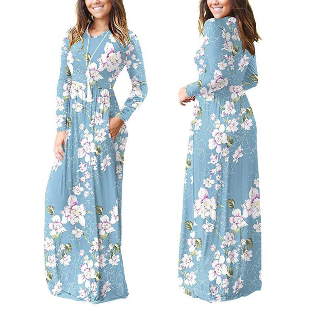 

Maxi Dress Long Sleeve Dresses For Women Floral Print With Pockets High elasticity