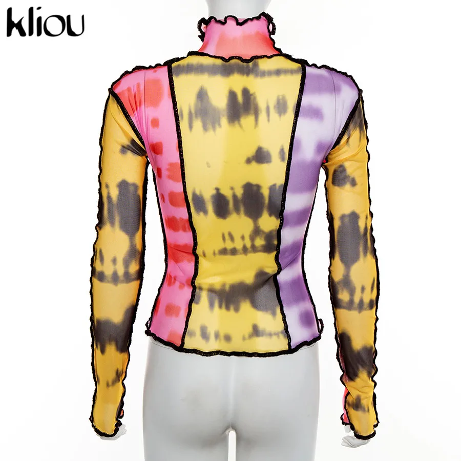 Kliou new Breathable women print t-shirt mesh material ruffles turtleneck full sleeve crop top female sexy Slim fit tops