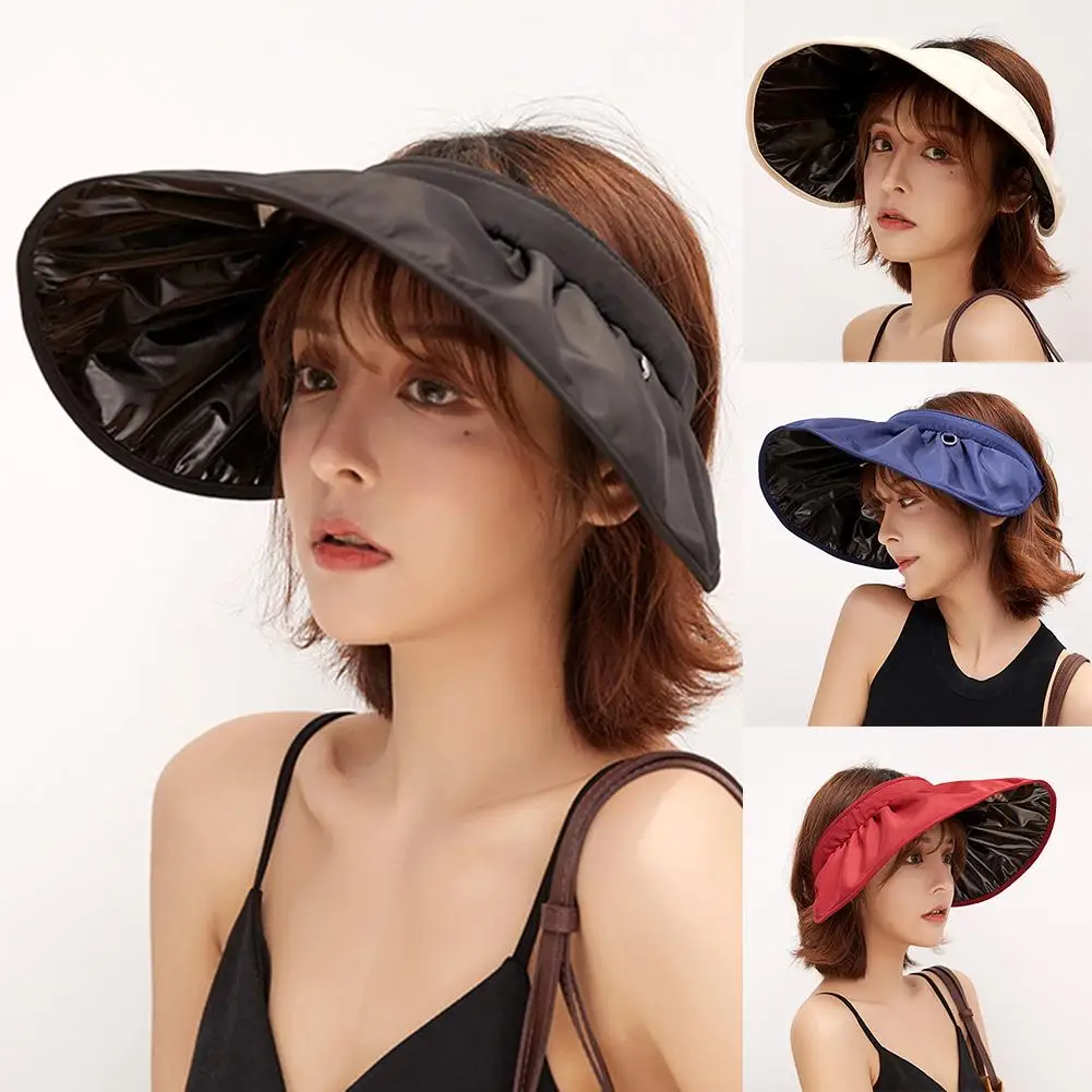 

HOT SALES !!!Women Summer Solid Color Anti-UV Wide Brim Empty Top Foldable Visor Cap Sun Hat
