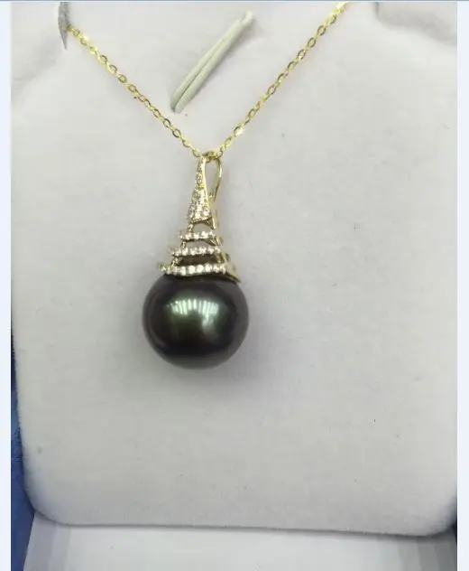 Achat Énorme AAA 13-14mm Tahitien Rond Noir Vert Collier De Perles 14k Chaîne