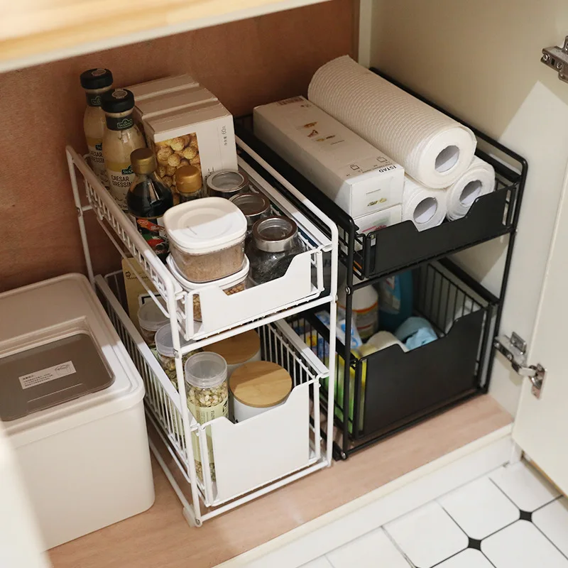 double shelf under the kitchen sink storage rack drawer type can be pushed and pulled under the cabinet telescopic free global shipping