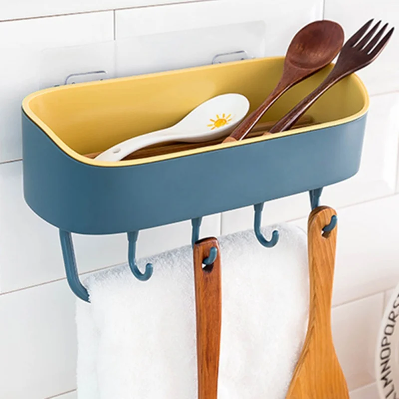 

Household Shelf Punch-free Storage Kitchenware Holder With 5 Hooks Bathroom Storage Rack Organizer Kitchen Accessory