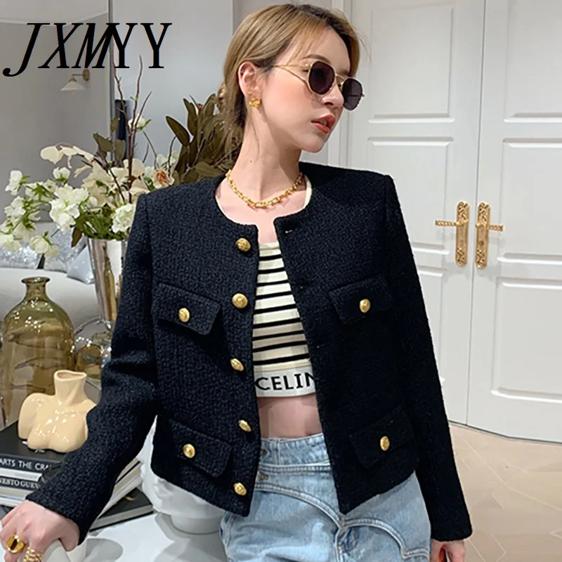 

JXMYY Designer Fashion Button Single Breasted Short Jacket Coat Women Vintage Elegant Black Tweed Outerwear Clothes
