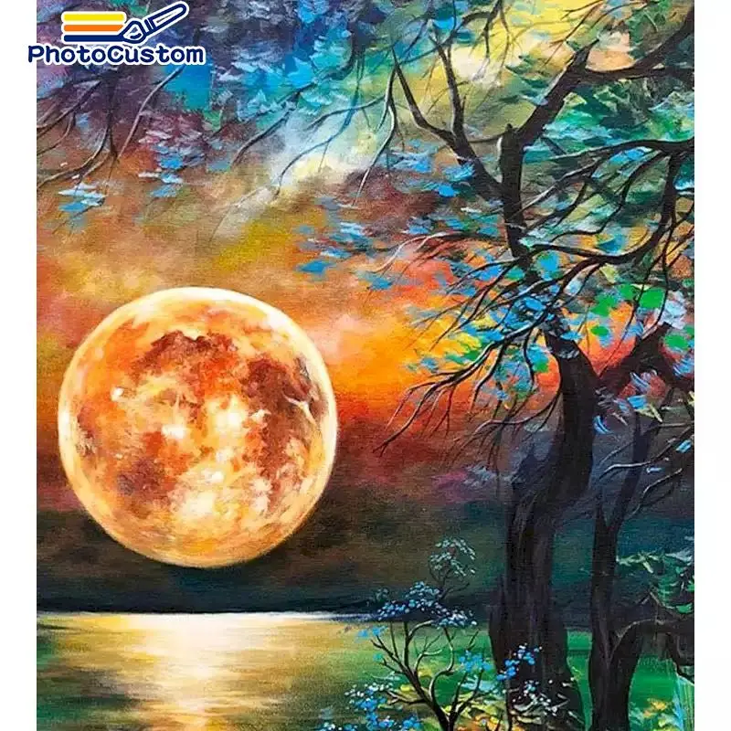 

PhotoCustom Oil painting by numbers Colorful Moon Tree handpainted Drawing by numbers Wall decor For Adult Kits Wall