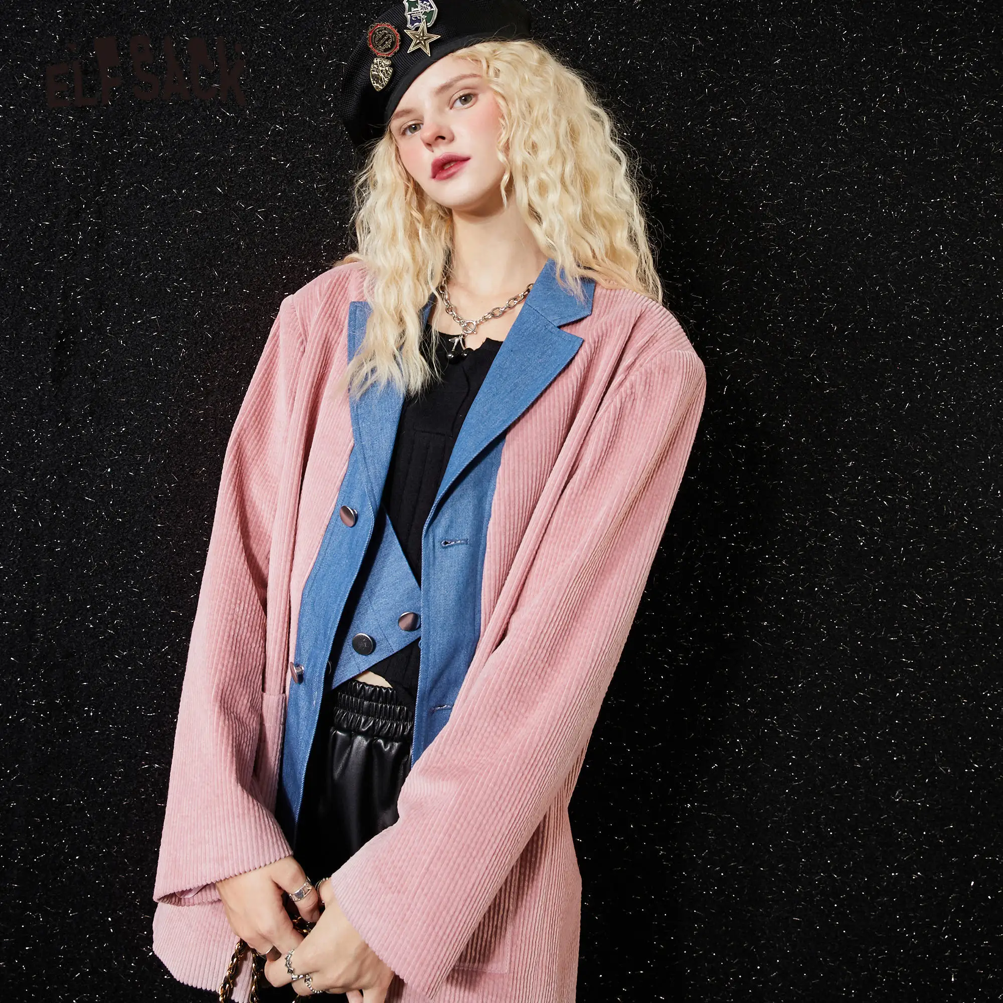 ELFSACK Colorblock Single Breasted Korean Blazer Women Jacket,2020 Autumn Corduroy Patchwork Feminism Oversize Daily Outwears