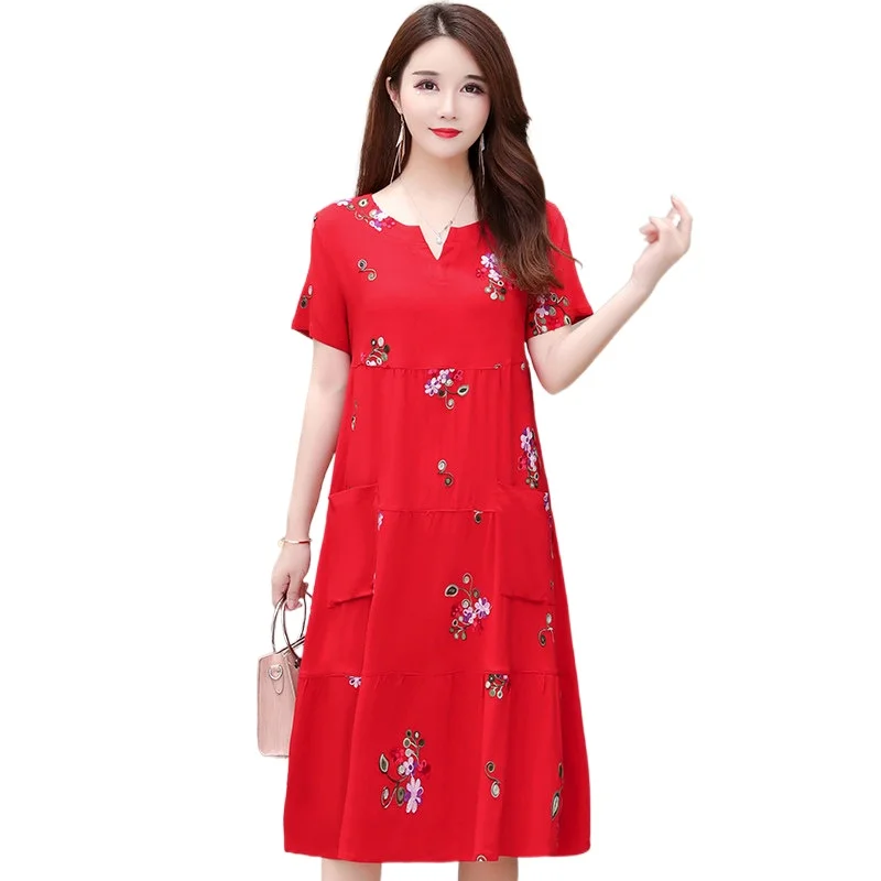 

Beardon Summer Women's Cotton And Linen Embroidered Dress V-NeckShort-Sleeved Middle-Aged Mothers Mid-Length Loose Thin Large Sk