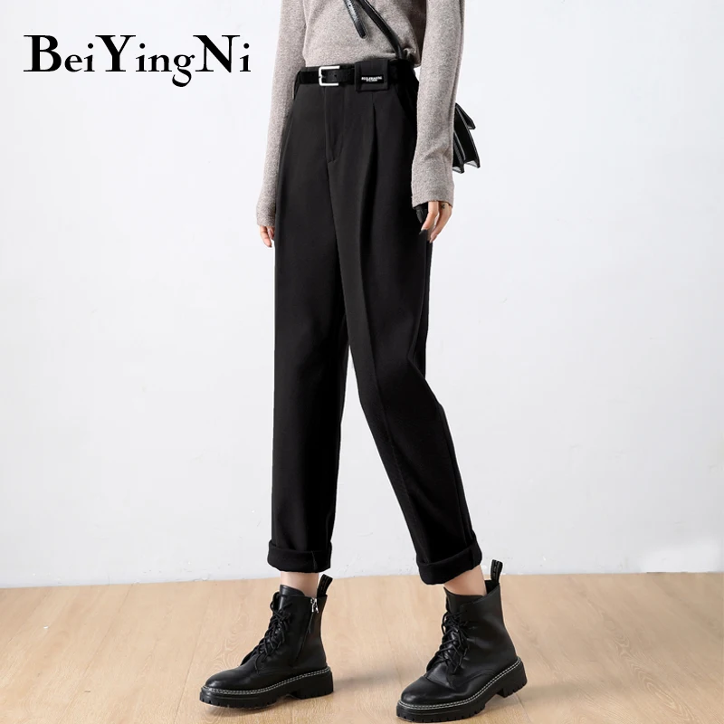 

Beiyingni Suit Women Pants Woolen Cloth New Arrival Thick Loose Harem Pant Femme High Waist Sashes Slim Casual Trousers Female