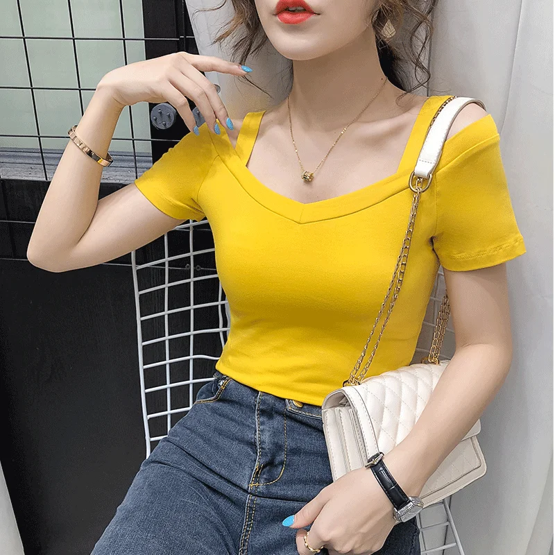 

Футболка женская с V-образным вырезом, пикантный топ из чистого хлопка, Базовая рубашка с открытыми плечами, в Корейском стиле, 2021