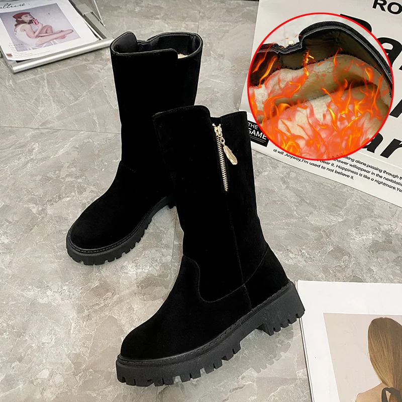 

2022 Autumn/winter New Style Suede and Velvet Thickened Mid-tube Boots Women British Style Fashion All-match Fashion Boots Women