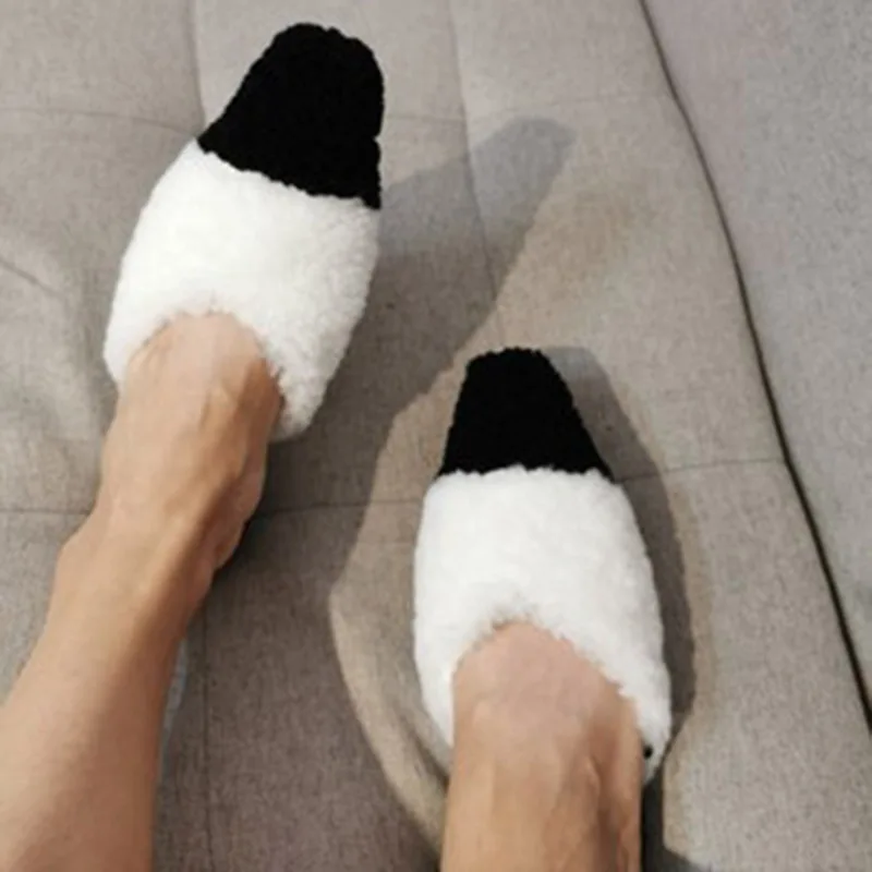 

Wool Fur Slippers Women Pointed Toe Mixed Color Flat Shoes Woman Fashion Warm Mules Autumn