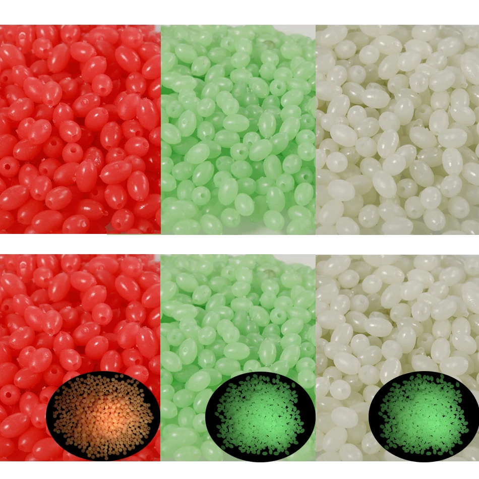 100PCS Oval Soft Rubber Luminous Fishing Beads Glowing Sink Beads For Treble Hook Fishing Rigs Green Red Fishing Lure Tackle