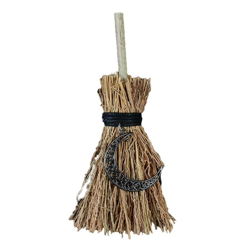 

808B Mini Broom Straw Witch Brooms with Moon Skull Pendant Decorations for Halloween Wicca Altar Broom Witchcraft Accessories