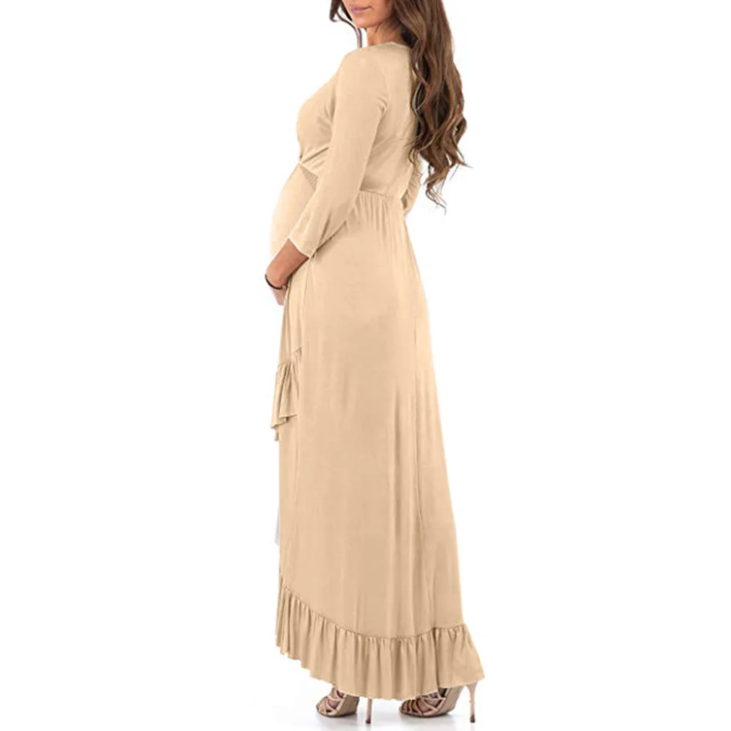 Женское платье для беременных с оборками длинным рукавом и v-образным вырезом