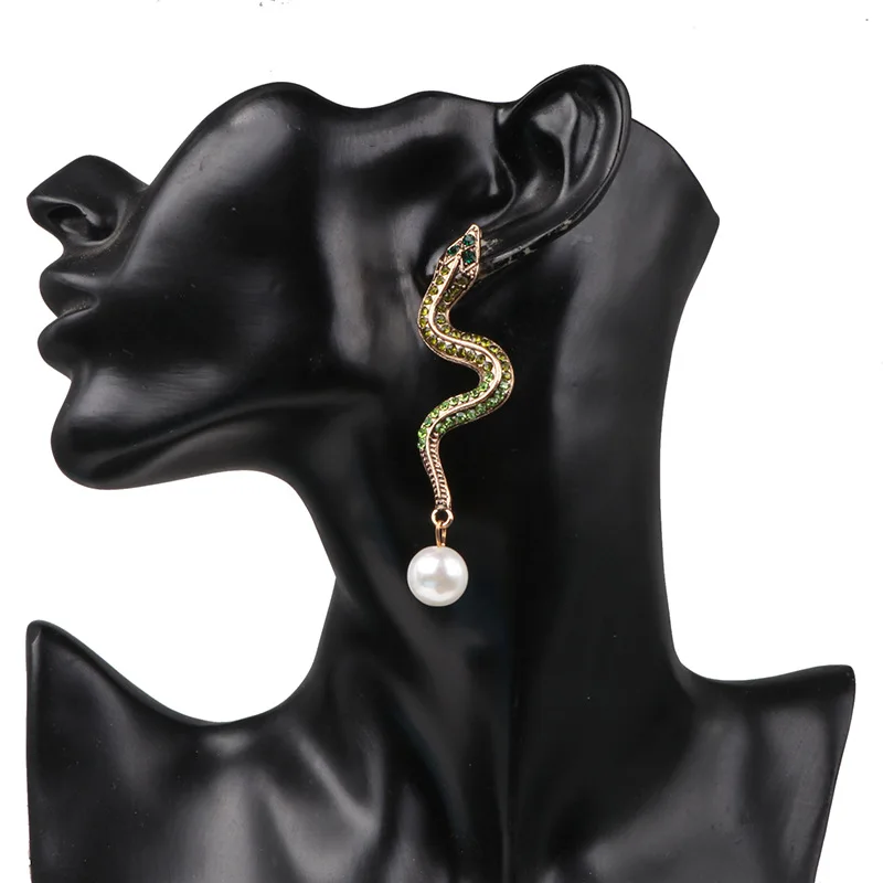 

Colorful Crystal Long Snake Pearl Stud Vintage Dangle Earrings Gold Full Rhinestone Serpent Delicate Accessories