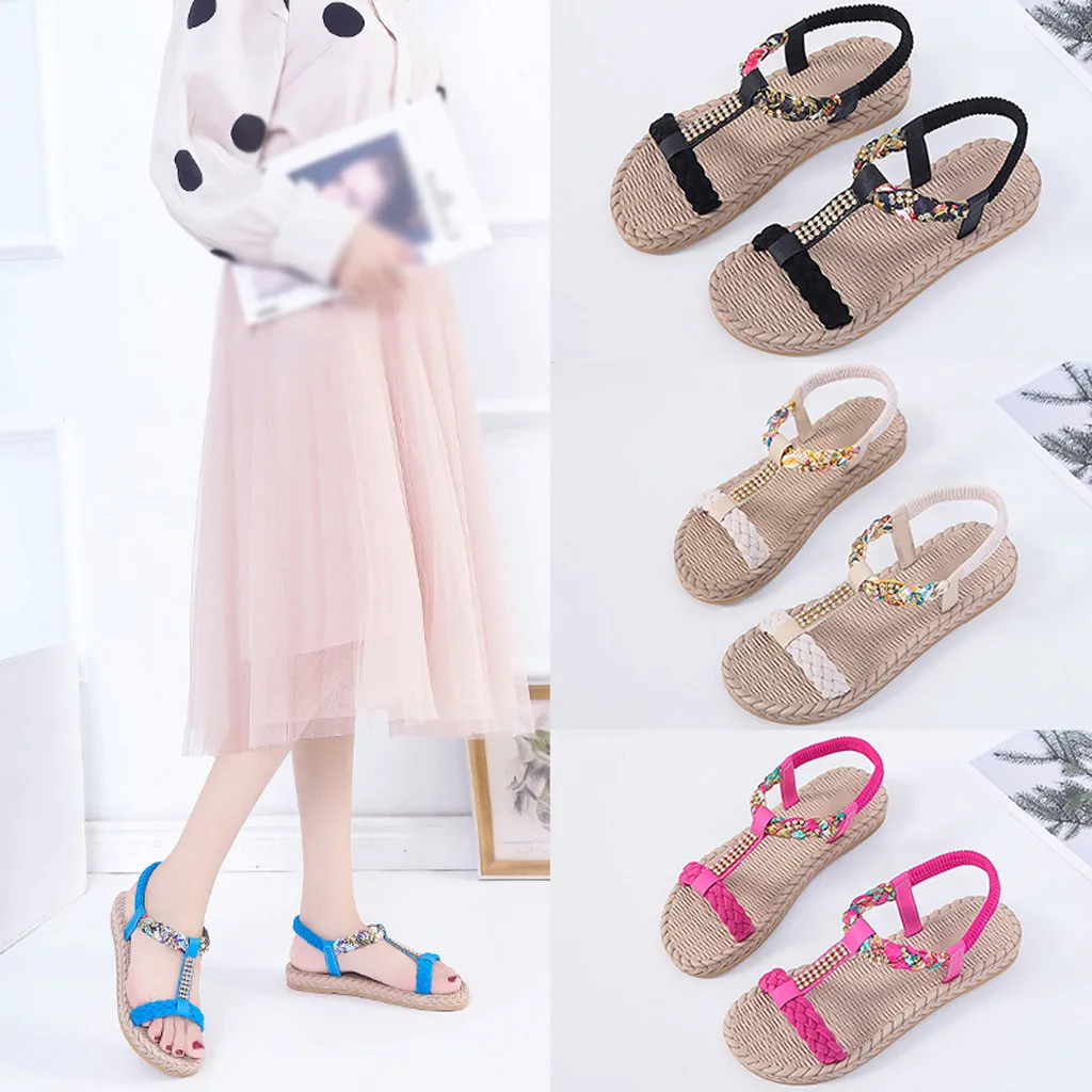 Летние женские сандалии с открытым носком богемные со стразами на плоской