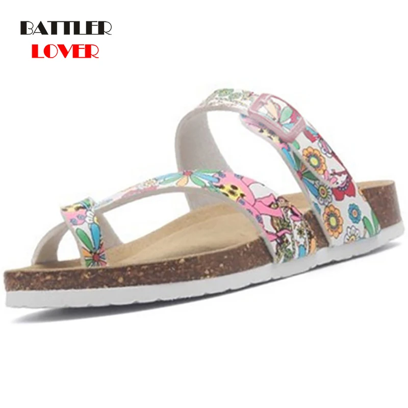 

Flower Print Soft Cork Sandals For Men Clip Toe Slippers Band Flip Flops Couples Lovers Platform Sandalies Summer Beach Shoes
