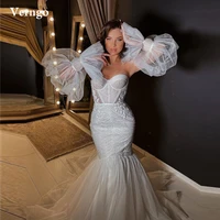 verngo newest glitter mermaid wedding dresses with removable puff long sleeves sweetheart lace applique bridal gown corset back