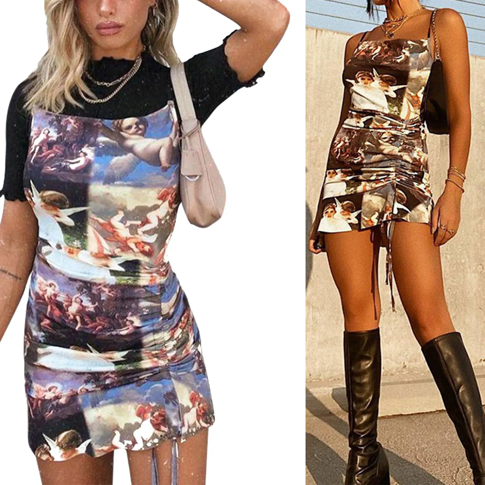 

Женское пикантное платье без рукавов, повседневная юбка на завязках с принтом ангела, облегающая одежда с высокой талией и квадратным вырез...