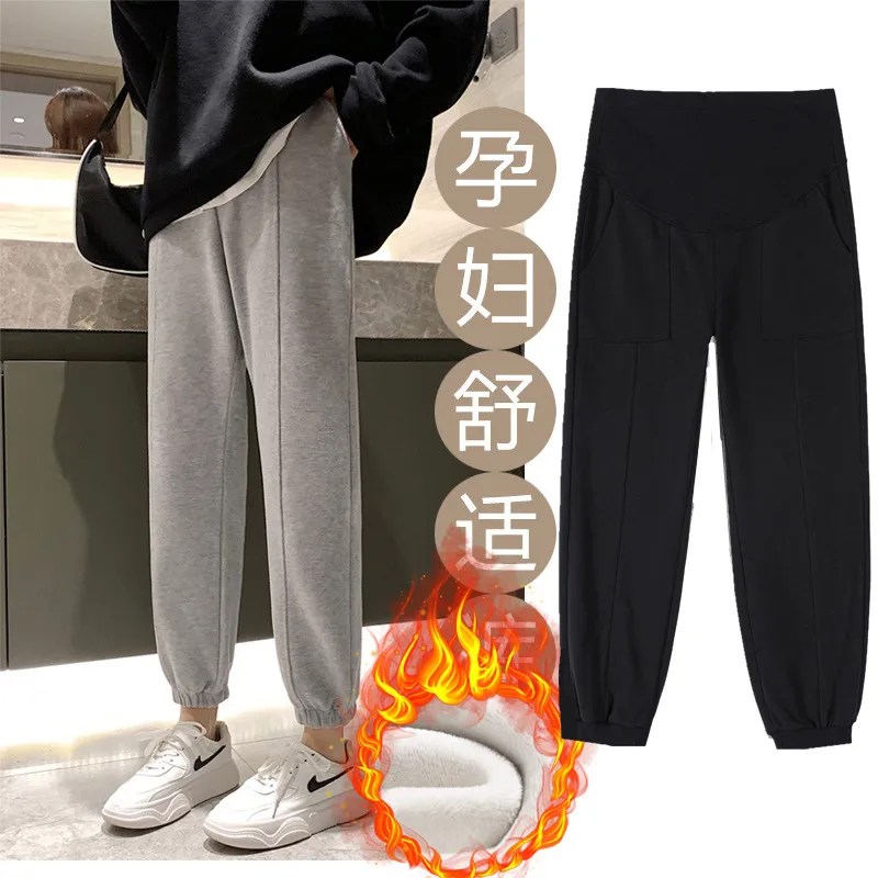 

A1913# Winter Thick Warm Plus Velvet Maternity Pants Sports Casual Belly Sweatpants Clothes for Pregnant Women Loose Pregnancy