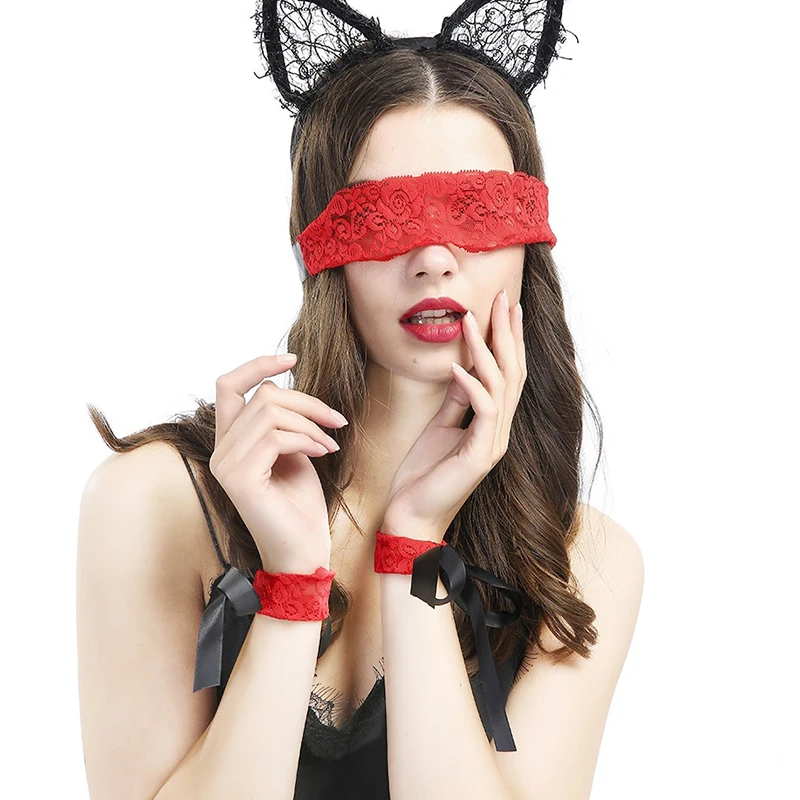 

3Pcs Sexy Red Lace Satin Eye Mask Seks Restraints Handcuffs Hot Erotic Flirt Blindfold Patch Slave Restraints Erotic Accessories