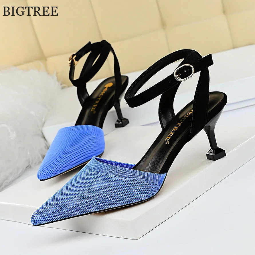 

New Summer Sandals Women Black Flock Ankle Strap High Heels Pumps Woolen Pointed Toe Sexy Hollow Buckle Ladies Party Dress Shoes