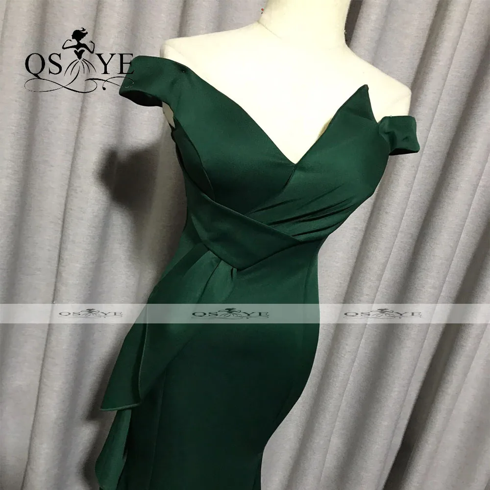 

Ribbon Slit Dark Green Long Evening Dress Off Shoulder Mermaid Prom Gown V Neck Formal Party Gown Bow Knot Emerald Prom Dress
