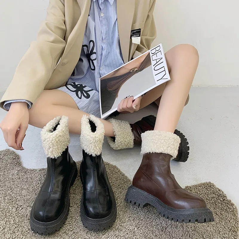 

2021 New Flat-bottomed Platform Martin Boots Women Retro British Style Joker Lambswool Boots Thick Heel Short Boots